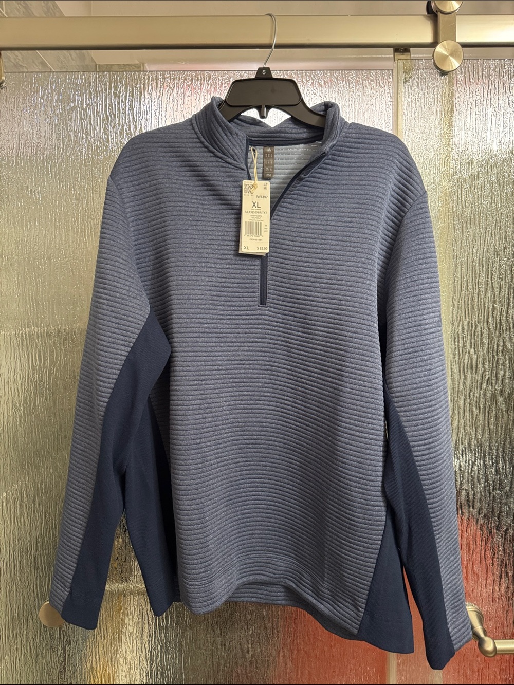 adidas Men's Half-Zip Ribbed Pullover - Light Blue with Navy Panels